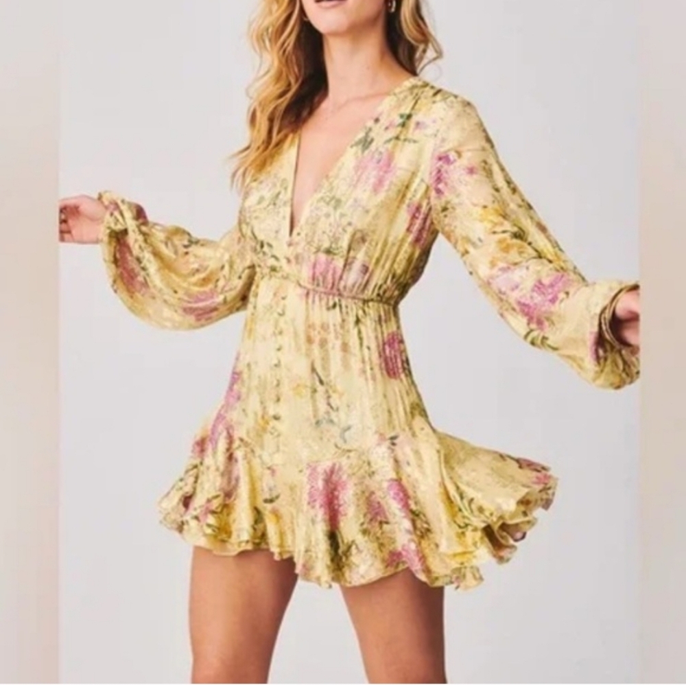 Hemant & Nandita Pria Mini  Dress Size Small Yellow Pink Metallic Long Sleeve